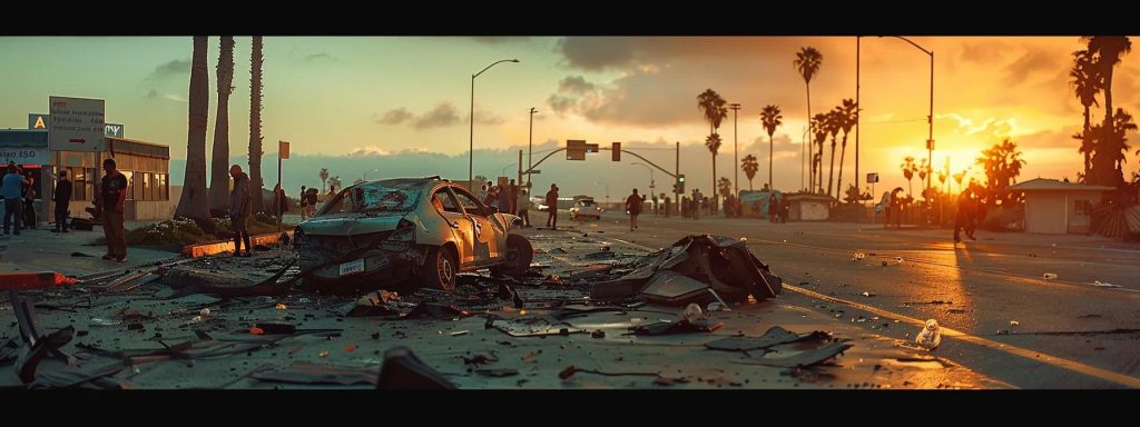 a compelling scene of a long beach intersection, capturing a tense moment with a damaged car and scattered debris, surrounded by gathered witnesses sharing their testimonies, set against a vibrant sunset that casts dramatic shadows.