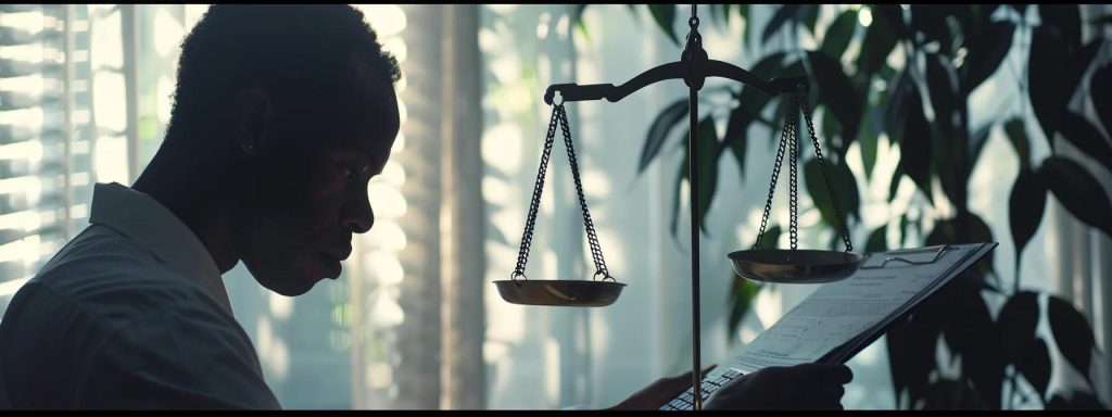 a compelling visual of a thoughtful individual weighing the scales of a legal document and a calculator, symbolizing the decision between hiring a workers compensation attorney and self-representation, set against a soft, focused background that enhances the sense of contemplation and financial evaluation.