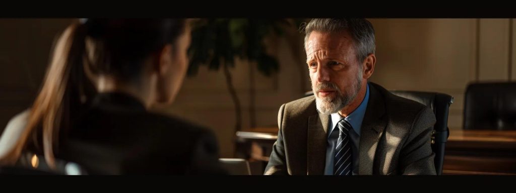 a concerned client seated across a polished conference table attentively listens to an experienced long beach injury attorney, illuminated by soft, warm lighting that emphasizes the gravity of their discussion about legal fees and the intricacies of the litigation process.