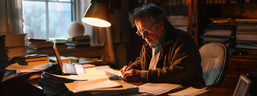 a concerned individual sits at a desk strewn with medical documents and legal papers, illuminated by soft, warm lighting, conveying a sense of urgency and contemplation as they navigate the complexities of their workers' compensation claim.