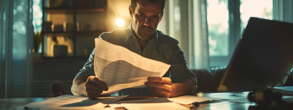 a concerned injured worker sits at a table, thoughtfully reviewing a stack of legal documents and cost breakdowns, with a soft, focused light illuminating the papers to emphasize the importance of understanding additional expenses in hiring a workers' compensation attorney.