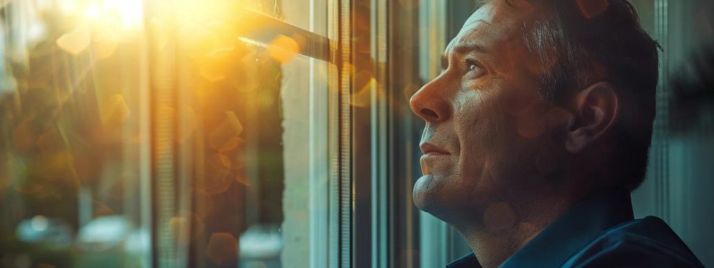 a concerned worker gazes out of a window, the soft light highlighting his contemplative expression, symbolizing the uncertainty and anticipation of waiting for essential benefits after an injury.