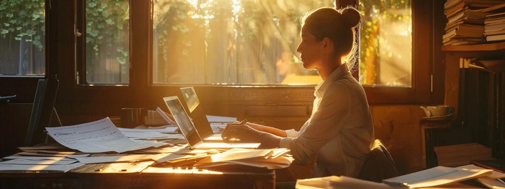 a concerned worker sits at a table cluttered with paperwork, surrounded by medical reports and a laptop, gazing thoughtfully out of a window as sunlight streams in, symbolizing the emotional weight of navigating a workers' compensation claim.