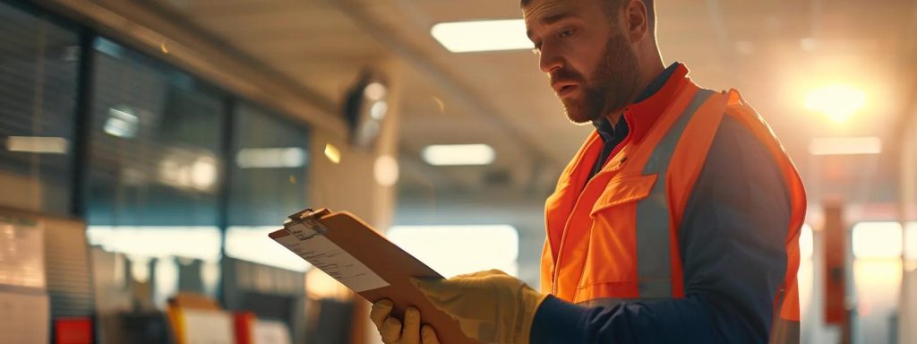 a concerned worker, standing in a brightly lit office, attentively documents an injury on a clipboard, emphasizing the urgency of timely action and care after a workplace accident.