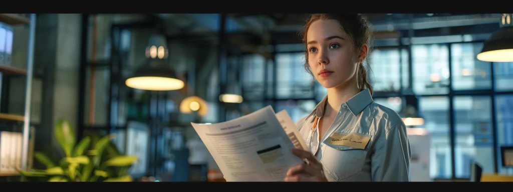a concerned worker stands in a well-lit office environment, documenting an injury report with a focused expression, emphasizing the urgency and importance of safety after a workplace accident.