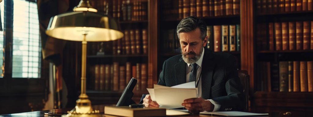 a confident attorney in a sleek office setting reviews a case file under warm, focused lighting, symbolizing the strategic negotiation of fair workers' compensation settlements.