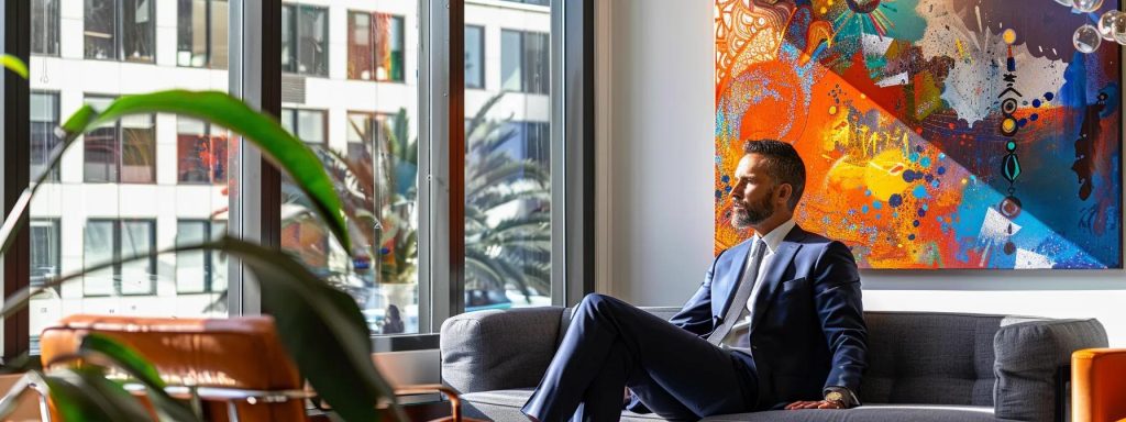 a confident attorney in a sleek, modern office discusses legal strategies with clients, surrounded by vibrant artwork and sunlight streaming through large windows, symbolizing support and advocacy for workers' rights in long beach.