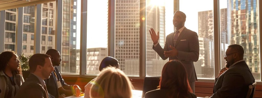 a confident attorney passionately addresses a diverse group of clients in a sunlit conference room, symbolizing the value of experienced legal representation in workers' compensation cases.