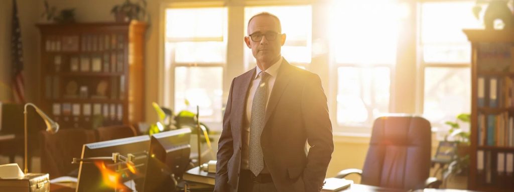 a confident attorney stands in a sunlit office, surrounded by legal books and documents, embodying expertise and support for injured workers seeking justice in long beach.