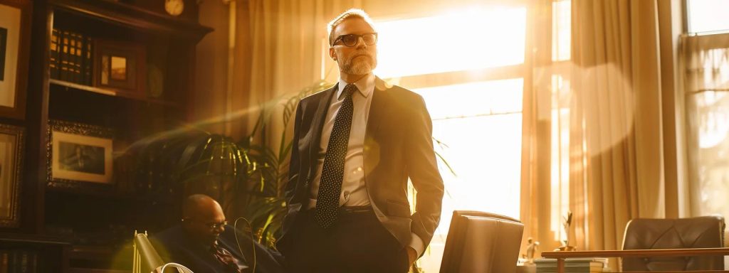 a confident attorney stands in a sunlit office, surrounded by legal books and awards, offering a reassuring presence to an injured worker, symbolizing ongoing support and advocacy in the workers' compensation process.