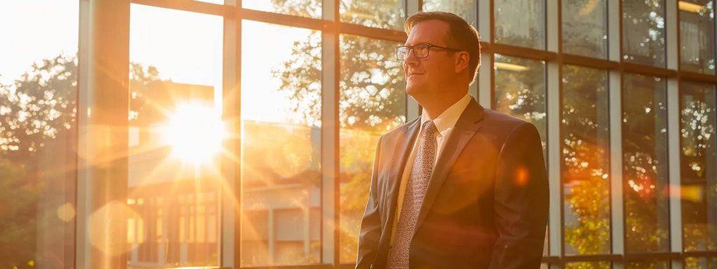 a confident attorney stands in a modern office, engaged in a discussion with a client, illuminated by warm, natural light streaming through large windows, symbolizing the partnership and understanding of diverse payment models in workers' compensation cases.