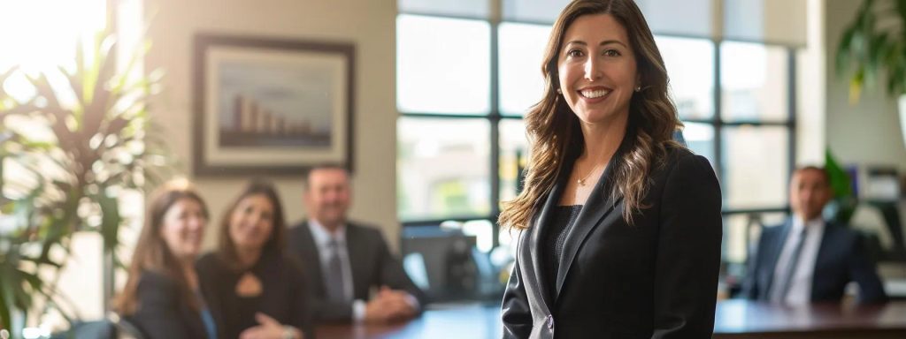 a confident attorney stands in a sunlit southern california office, engaging warmly with a diverse group of clients, illustrating the importance of experience and clear communication in workers' compensation cases.