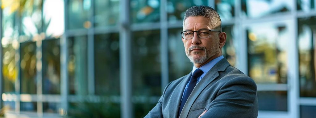 a confident attorney stands in front of a modern office building in long beach, exuding professionalism and expertise, emphasizing their specialization in workers' compensation law.
