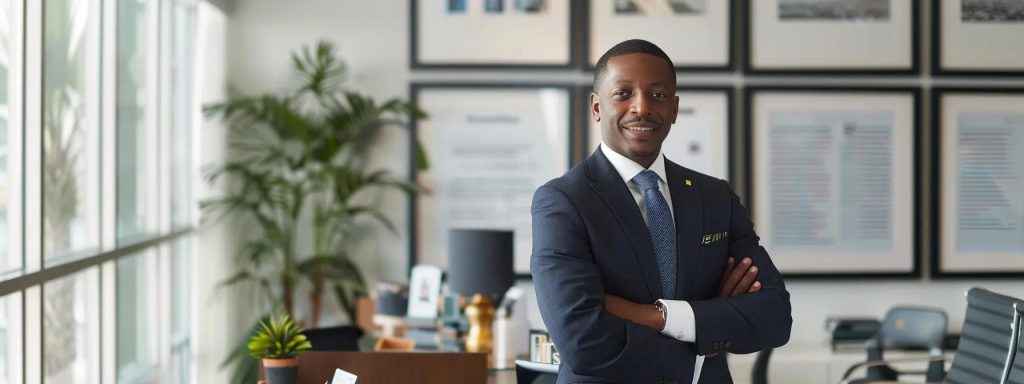 a confident attorney stands in a sleek, modern office, surrounded by framed credentials and awards, exuding professionalism and expertise in workers' compensation law.