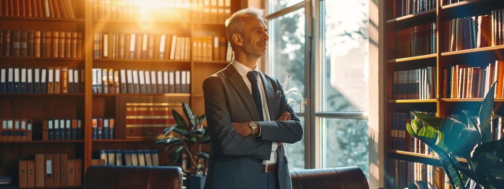 a confident attorney stands in a sunlit office, surrounded by legal books and documents, symbolizing expertise in navigating complex workers' compensation claims in long beach.