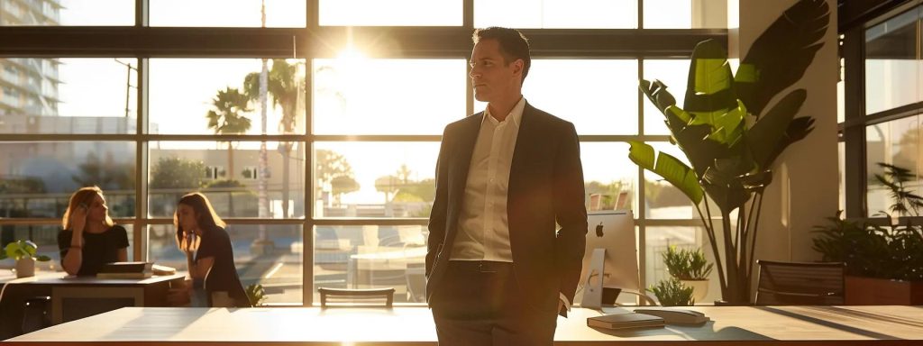 a confident attorney stands in a stylish long beach office, illuminated by warm, natural light streaming through large windows, as they thoughtfully discuss the complexities of workers' compensation fees with an engaged client seated across the polished wooden table.