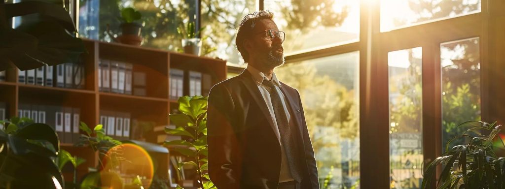 a confident attorney stands in a sunlit office, engaged in an animated conversation with a client, exemplifying professionalism and accessibility amidst a backdrop of legal books and fresh plant life.