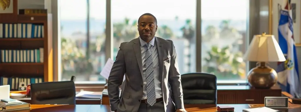 a confident attorney stands in a sunlit office, surrounded by legal books and documents, exuding an air of authority while engaging in a thoughtful negotiation, with a panoramic view of long beach visible through a large window.