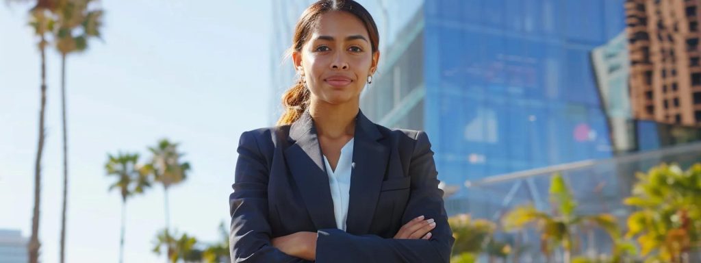 a confident attorney stands in front of a modern office building in long beach, exuding professionalism and trustworthiness, with a backdrop of vibrant city life that reflects their expertise in workers' compensation law.