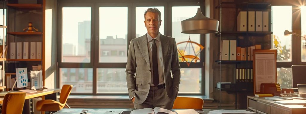 a confident attorney stands in a modern office, surrounded by open legal books and informative charts, symbolizing transparency and trust in california's legal regulations on workers' compensation fees, illuminated by soft, natural light streaming through large windows.