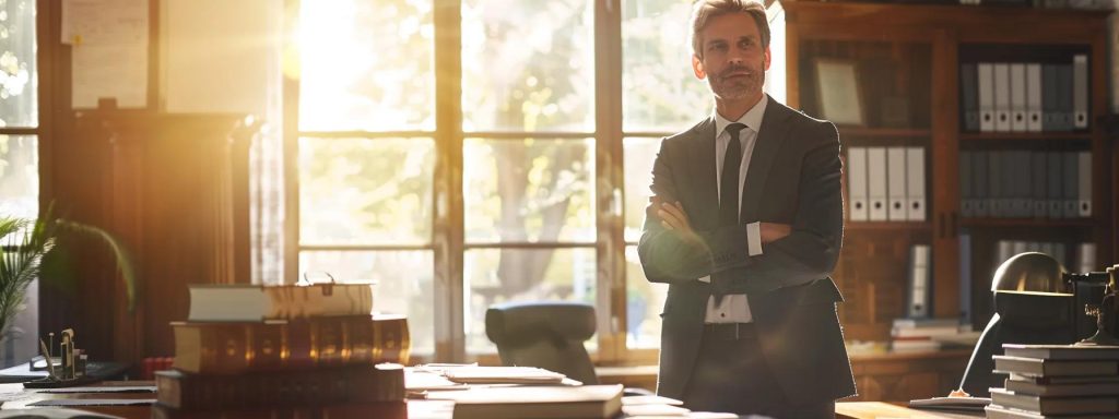 a confident attorney stands in a sunlit office, surrounded by legal books and documents, engaged in a focused discussion with a mediator, symbolizing the power of professional negotiation in workers' compensation claims.