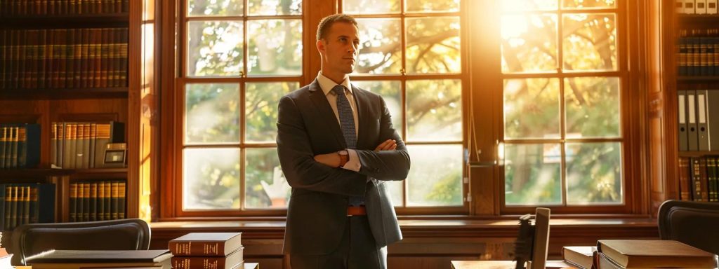 a confident attorney stands in a well-appointed office, surrounded by case files and legal books, exuding determination and expertise while discussing tailored legal strategies with a client under warm, natural light streaming through a large window.
