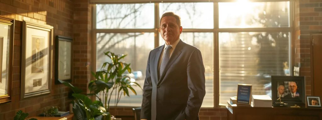 a confident attorney stands in a sunlit office, surrounded by framed awards and client testimonials, symbolizing a successful track record in workers' compensation cases and commitment to client advocacy.