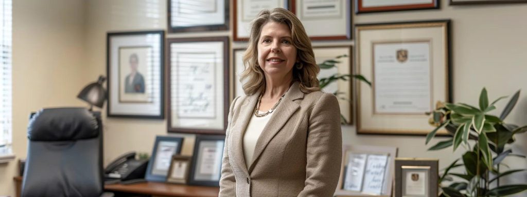 a confident attorney stands in a sunlit office surrounded by framed certificates and glowing client testimonials, embodying the essence of legal excellence and trust for workers' compensation cases.