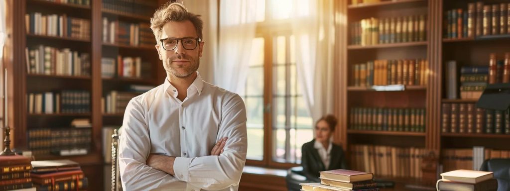 a confident attorney stands in a sunlit office, surrounded by books and legal documents, engaging attentively with a client to convey a sense of trust and expertise in workers' compensation cases.