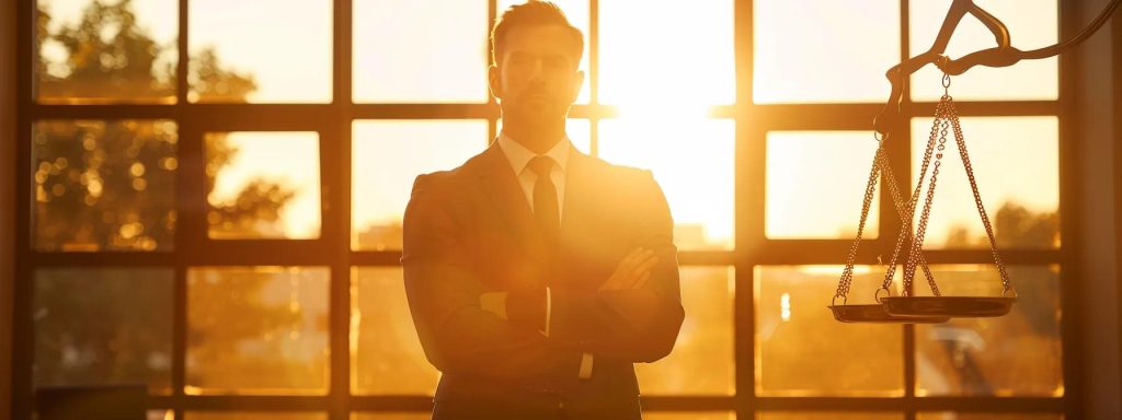 a confident attorney stands in a sunlit office, showcasing a balanced scale symbolizing the choice between upfront fees and contingency arrangements, reflecting the contrasting paths available to injured workers in their pursuit of justice.