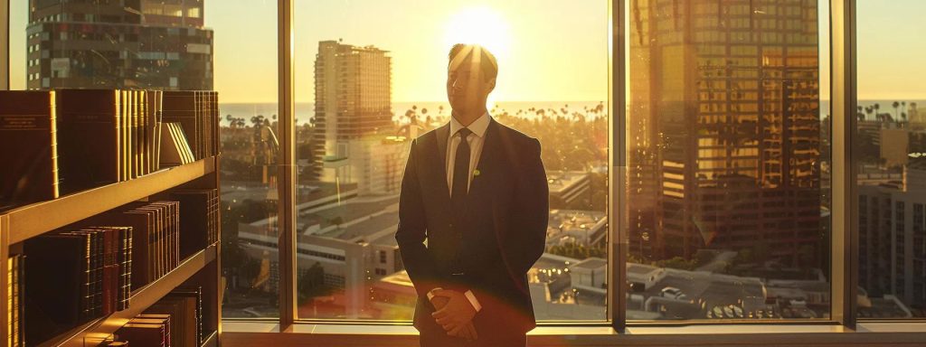 a confident attorney stands in a sunlit long beach office, surrounded by law books and vibrant city views, embodying professionalism and dedication to supporting injured workers.