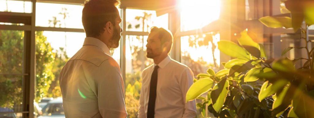 a confident attorney stands in a sunlit office space, engaging in a focused discussion with an injured worker, illustrating the empowerment and guidance critical to navigating workers' compensation negotiations in long beach.