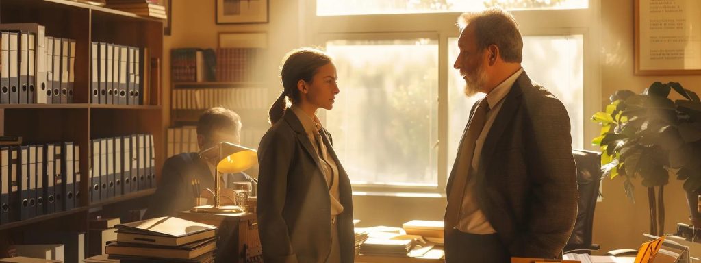a confident attorney stands in a sunlit office filled with legal books, engaged in a thoughtful discussion with an injured employee, symbolizing clarity and support in navigating workers' compensation claims.