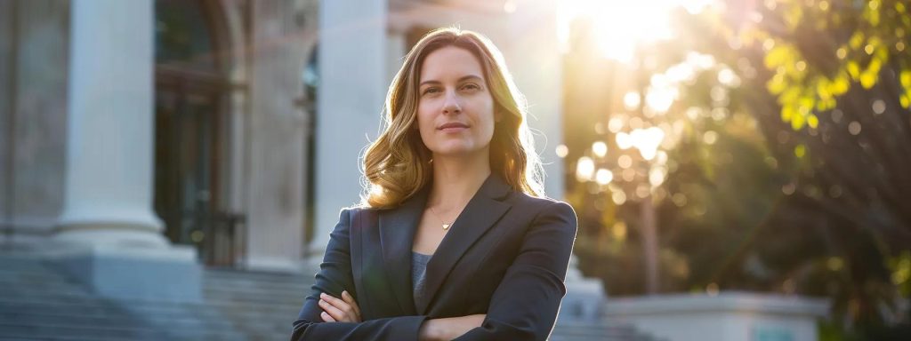 a confident attorney stands poised in front of the long beach courthouse, bathed in warm afternoon sunlight, symbolizing local expertise and advocacy for injured workers.