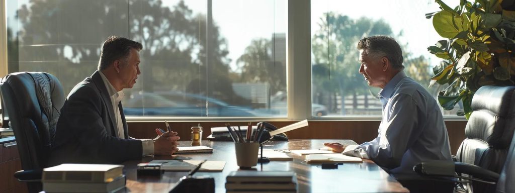 a confident client sits across from a long beach injury attorney in a well-lit office, surrounded by essential legal documents, conveying an atmosphere of trust and professionalism as they engage in a meaningful consultation about workplace incidents.