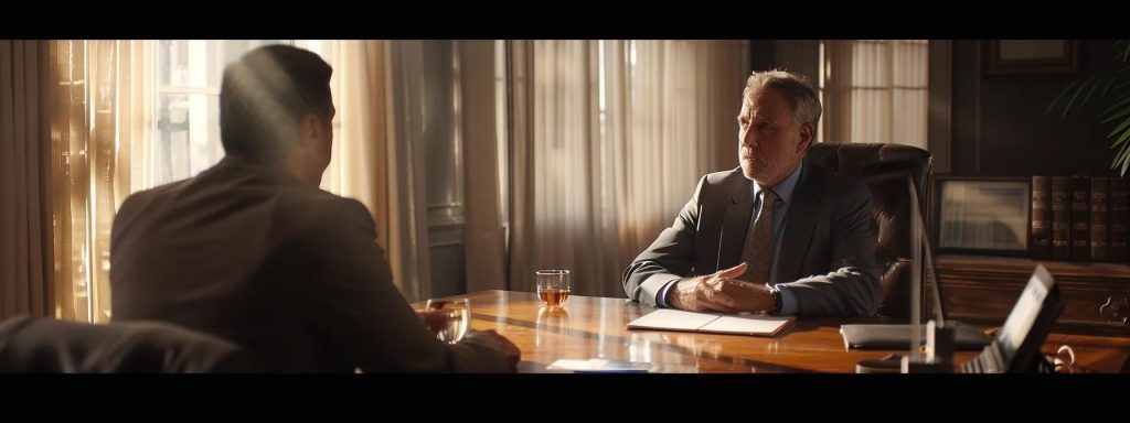 a confident client sits across a polished oak table from a serious attorney in a sleek office, engaged in a focused discussion amidst warm ambient lighting that highlights their expressions, reflecting a professional environment dedicated to navigating workers' compensation cases.