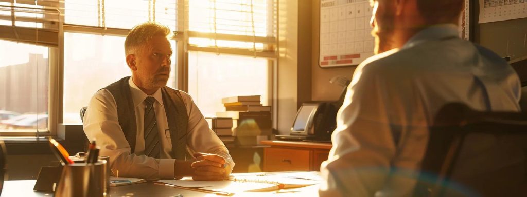 a confident employee sits in a sunlit office, engaged in conversation with a knowledgeable attorney, surrounded by documents and a calendar, symbolizing the importance of clear communication about the timelines of a workers' compensation case.