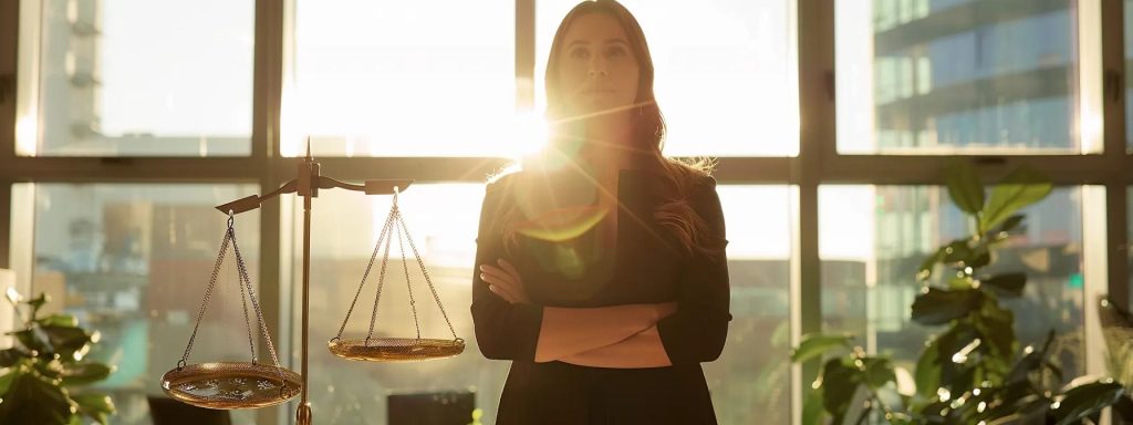 a confident employee stands in a sunlit office, surrounded by empowering symbols of justice and support, representing their rights and advocacy in navigating the workers' compensation system.