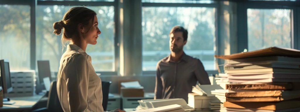 a confident employer stands in an office setting, surrounded by stacks of documents and a computer, engaging thoughtfully with an employee about injury reporting procedures, illuminated by warm natural light streaming through large windows.