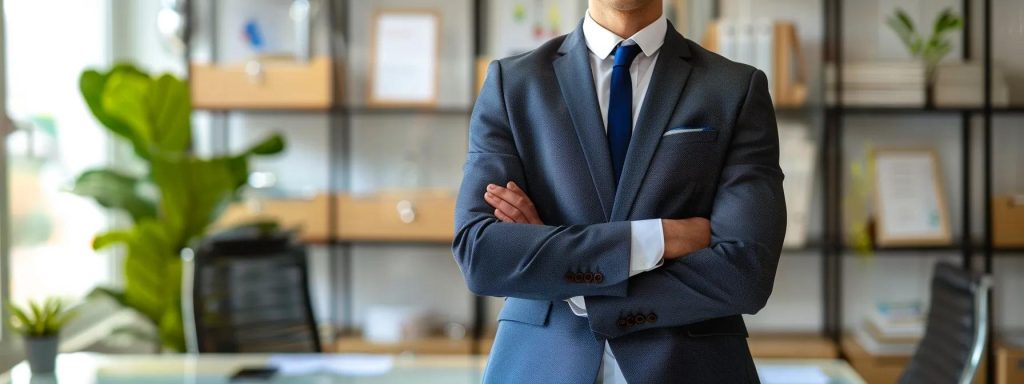 a confident, experienced workers' compensation attorney stands in a modern office, surrounded by vibrant client testimonials and certificates, exuding trust and professionalism against a backdrop of soft, natural lighting.