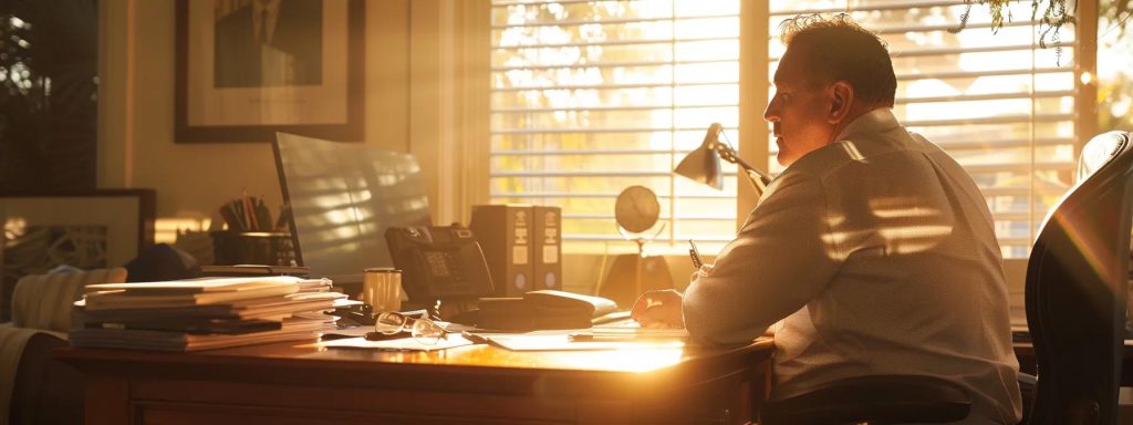 a confident individual sits at a desk in a sunlit office, discussing important documents with a professional attorney, symbolizing the journey of navigating workers' compensation claims in long beach.