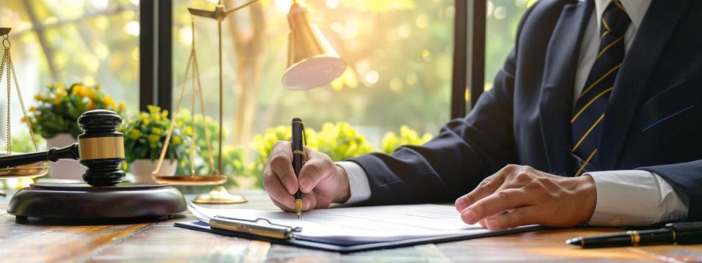 a confident individual sits at a well-organized desk, thoughtfully reviewing a checklist of essential questions for hiring a worker compensation attorney, with a background featuring vibrant office decor and soft natural light streaming in.