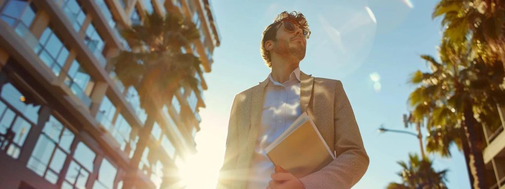a confident individual stands at the forefront of a sunny long beach street, contemplating a stack of legal resources and brochures, symbolizing the journey to find the right workers' compensation attorney amidst a backdrop of the vibrant cityscape.