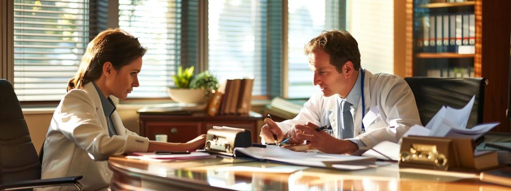 a confident injured worker, seated at a well-lit conference table, engages in a serious discussion with a professional lawyer, symbolizing the critical importance of understanding legal fees in workers' compensation cases.