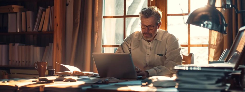 a confident injured worker sits at a desk surrounded by legal documents and a laptop, illuminated by soft, natural light filtering through a window, symbolizing the journey of understanding payment options for workers' compensation lawyers.