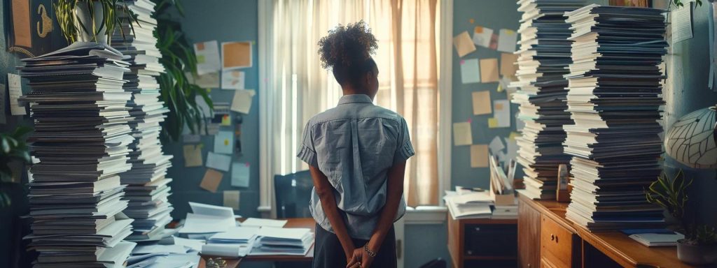 a confident injured worker, standing tall in an office filled with legal documents, exudes determination and empowerment as they review attorney fee approvals, symbolizing the commitment to fair practices in the workers' compensation system.