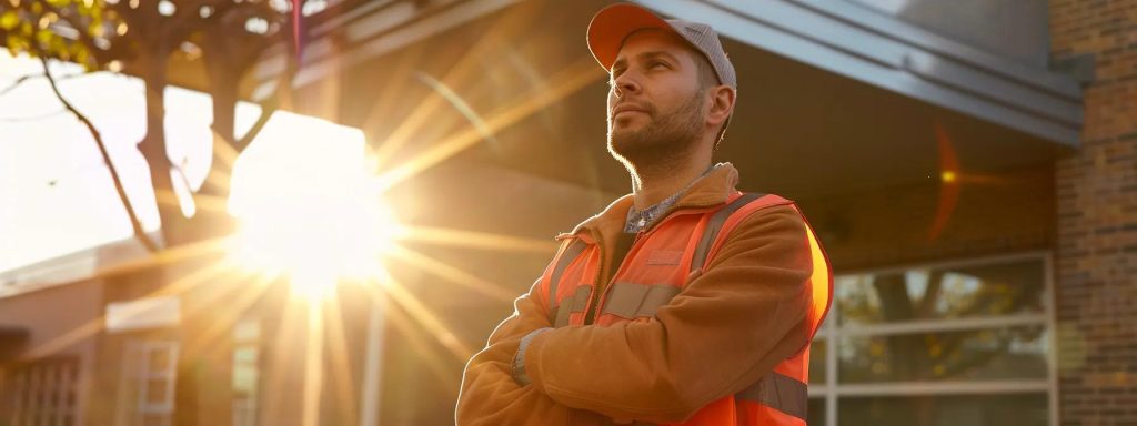 a confident injured worker stands before a welcoming legal aid clinic, illuminated by warm afternoon sunlight, symbolizing hope and support in navigating workers' compensation claims.