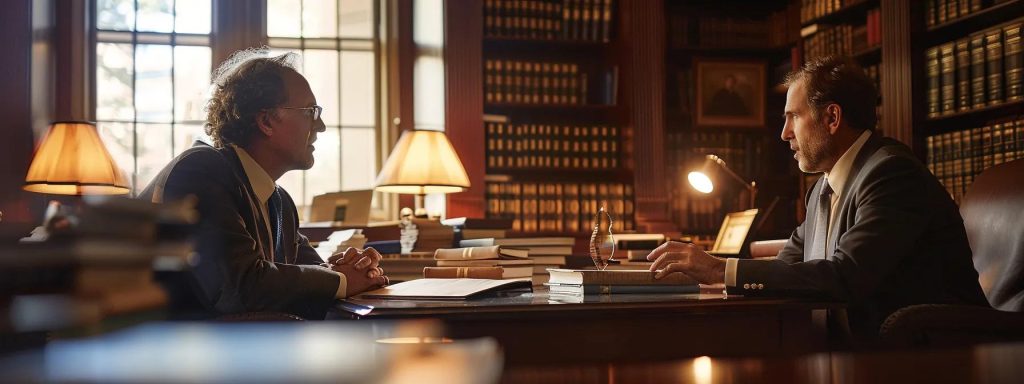 a confident lawyer in a professional office setting engages in a focused discussion with a client, surrounded by law books and a warm, inviting atmosphere that conveys trust and expertise.