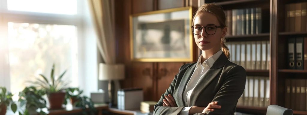 a confident lawyer stands in an office filled with natural light, exuding professionalism and compassion as they discuss workers' compensation cases, with a framed certificate and law books subtly in the background.