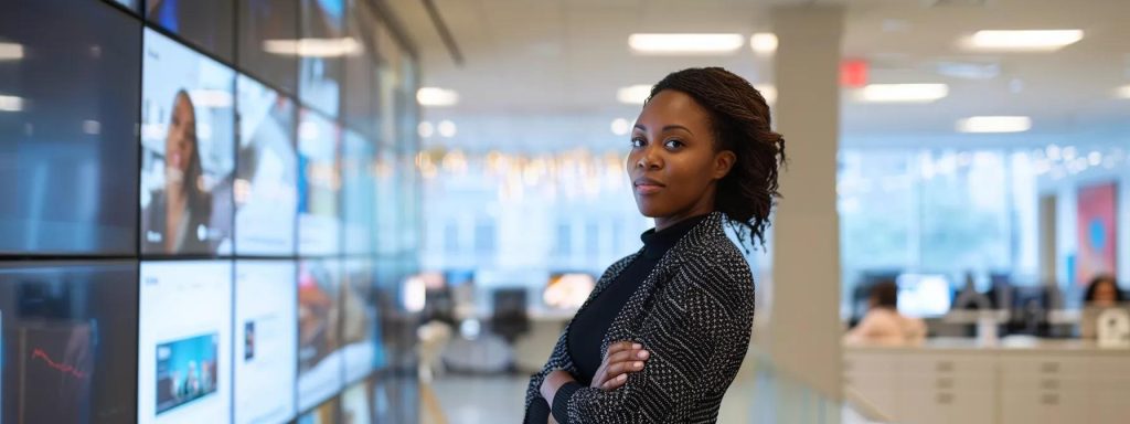 a confident lawyer stands in a modern office, surrounded by digital screens displaying expert resources and vocational rehabilitation options, symbolizing empowerment and advanced support for clients navigating workers' compensation cases.
